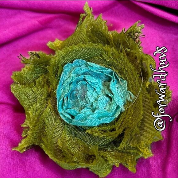 Handcrafted Fabric Floral Hair Clip / Brooch - Green & Robins Egg Blue - Picture 4 of 8